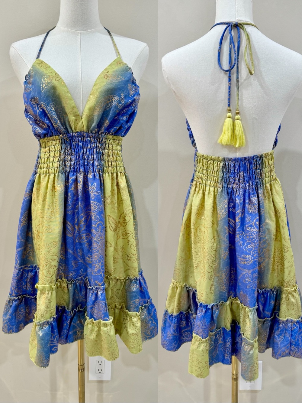 Zury Backless Halter Mini Dress Lime Blue Gold Paisley Fairy Boho Free Size NWT